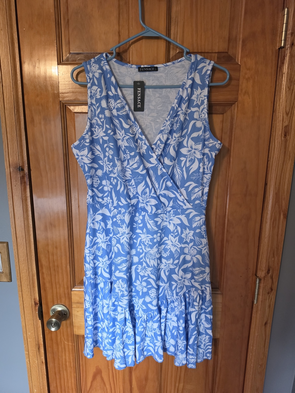 Fensace Blue Floral V-Neck Midi Dress